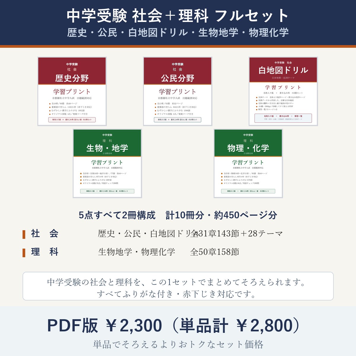 中学受験 社会+理科 フルセット(5点・10冊分)
