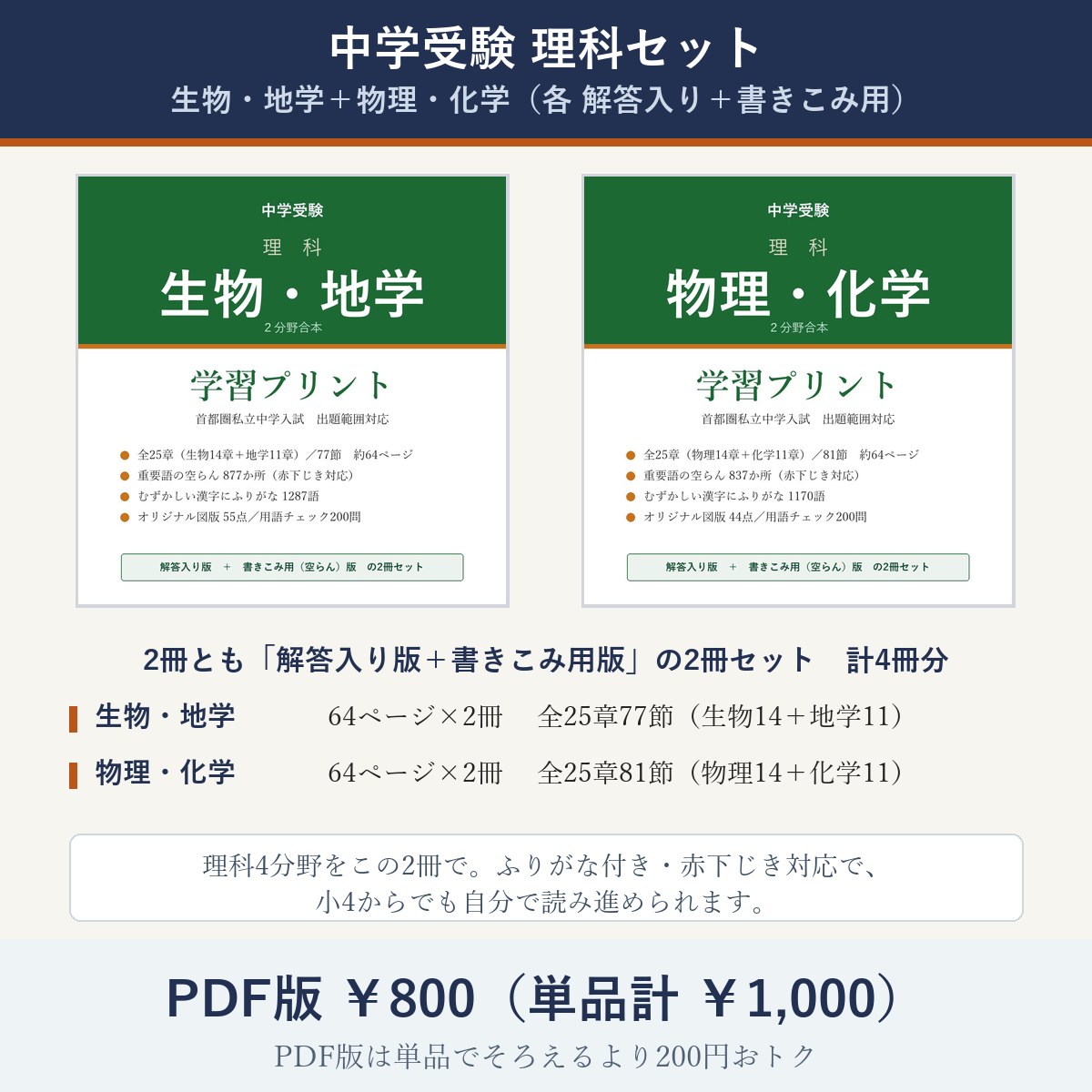 中学受験 理科セット(生物・地学+物理・化学)