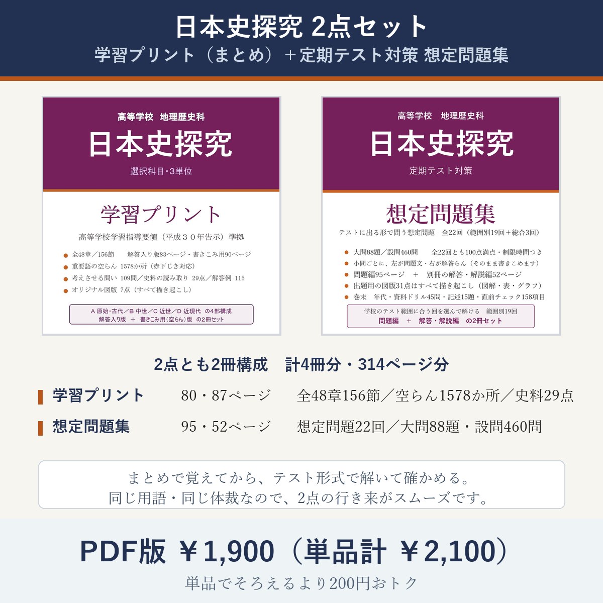 高校 日本史探究 2点セット(学習プリント+定期テスト対策 想定問題集)