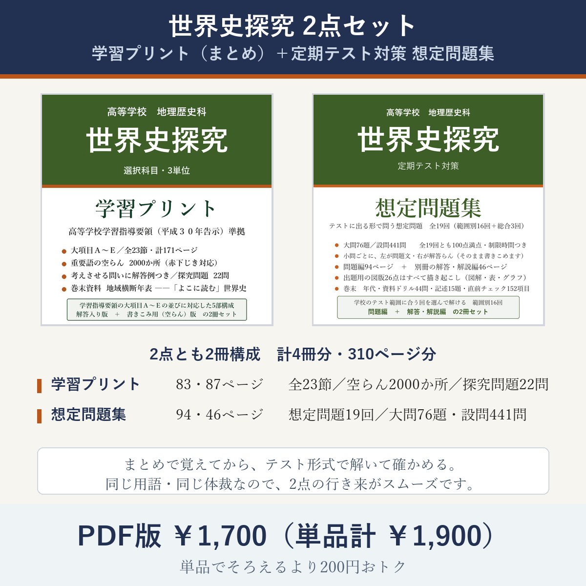 高校 世界史探究 2点セット(学習プリント+定期テスト対策 想定問題集)